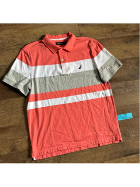 Men's Nautica Coral Gray White Striped Polo Shirt L